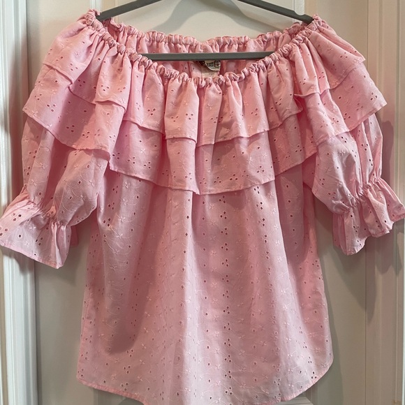 SHEPLERS Tops - Off-Shoulder Pink Eyelet Blouse